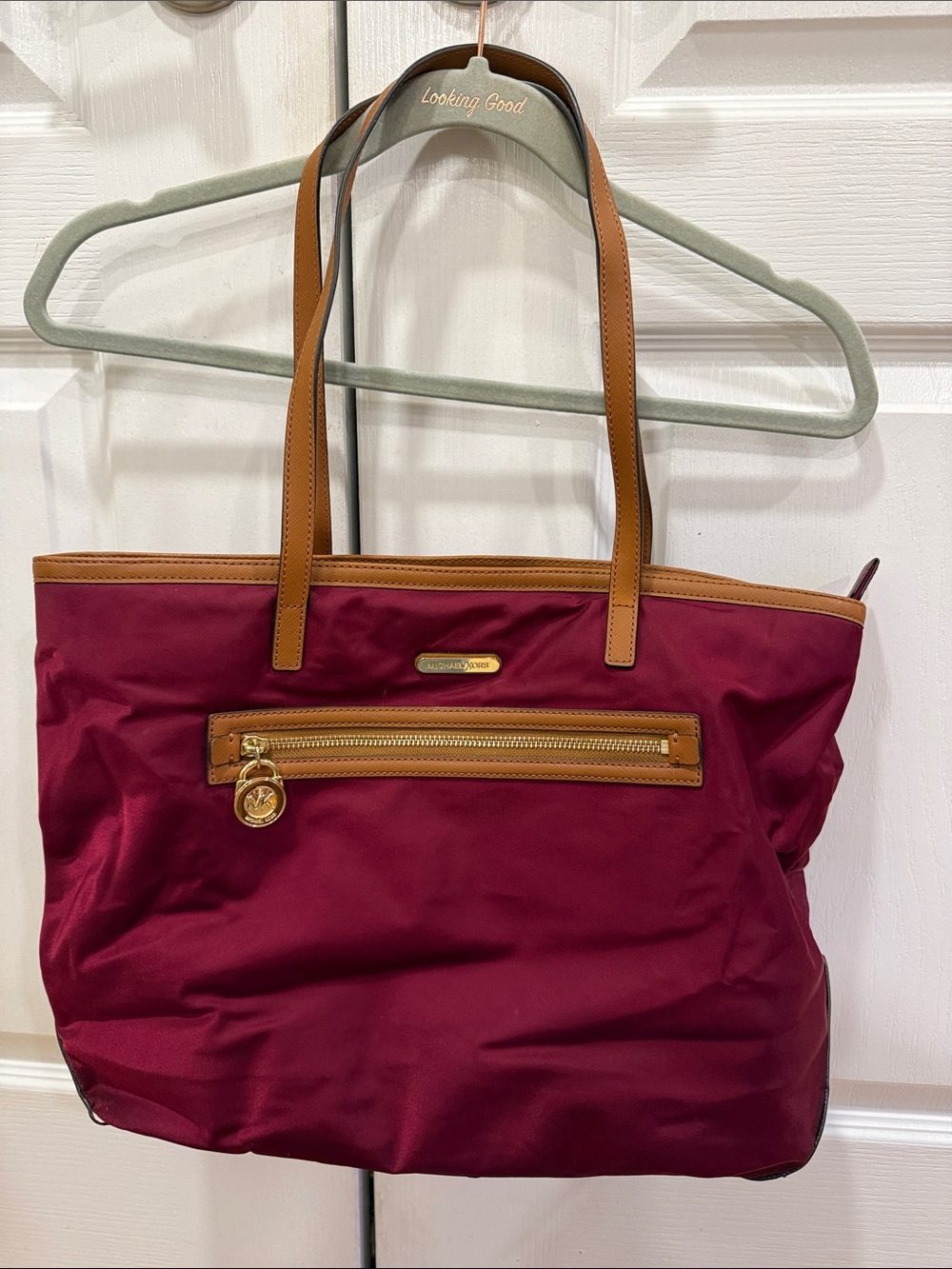 Michael Kors Maroon Nylon Tote with Tan Leather Trim